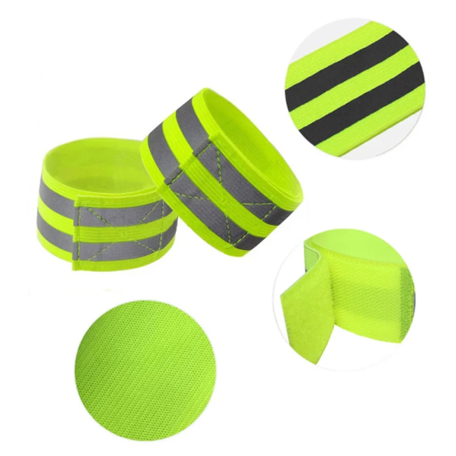 Set of reflective green wristbands with gray stripes on a white background