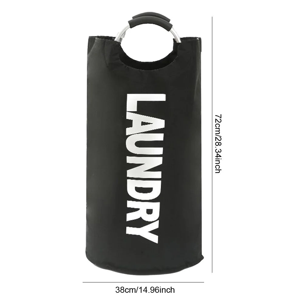 Black laundry bag with 'LAUNDRY' text and dimensions on a white background