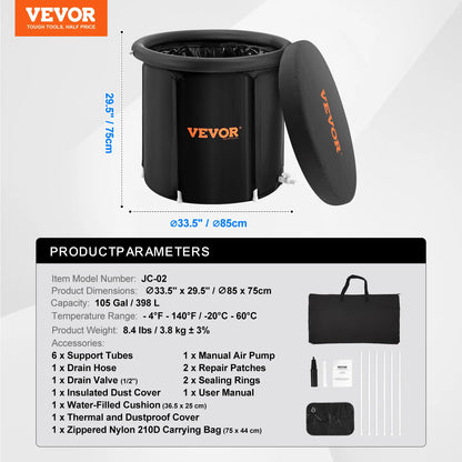 Vevor product with dimensions, capacity, and accessories listed on a white background