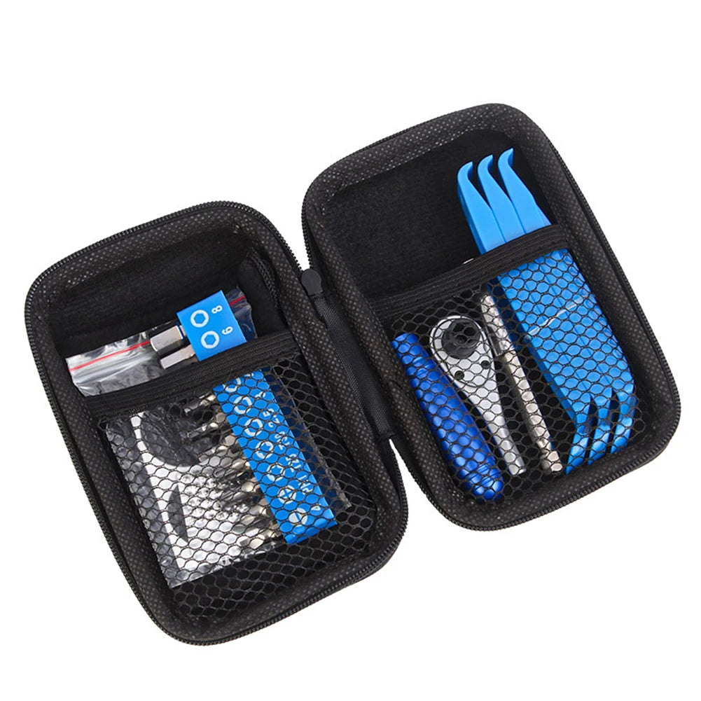 Black tool case with blue and silver tools on a white background