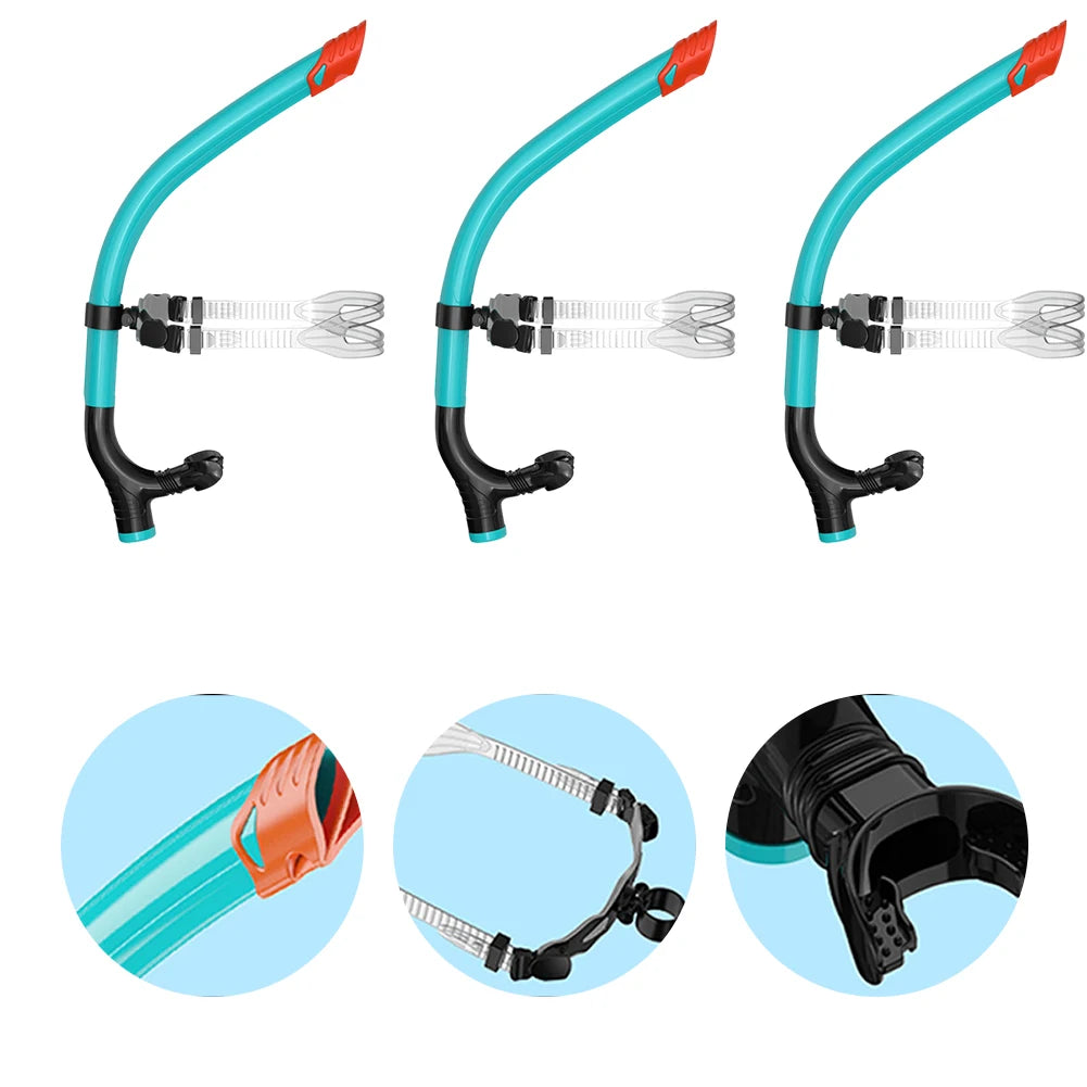 Turquoise snorkel with black and red accents on a white background, with close-up insets showing details.