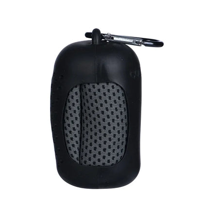 Black towel  with a textured pattern and carabiner clip on a white background