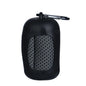 Black towel  with a textured pattern and carabiner clip on a white background
