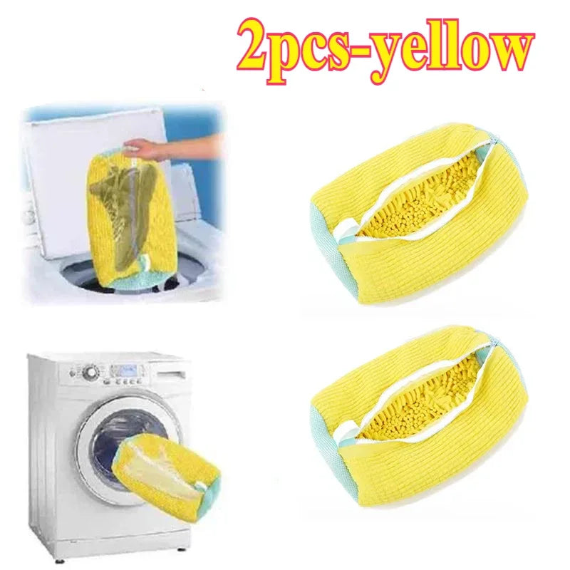 Two yellow shoe wash bags with a washing machine and towel in the background, labeled '2pcs-yellow'.