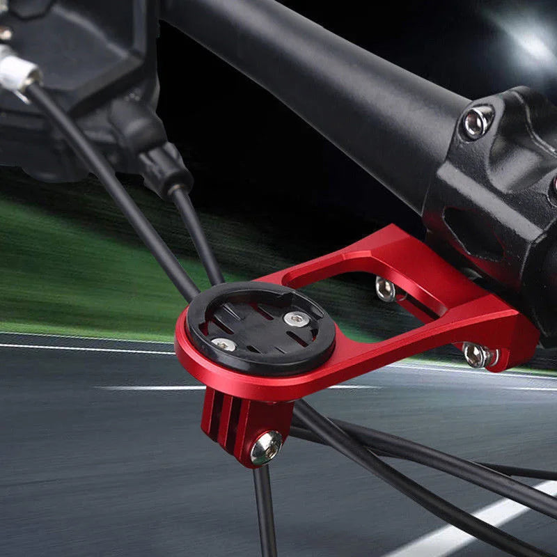 Red Garmin mount  with black device attached to a bicycle handlebar