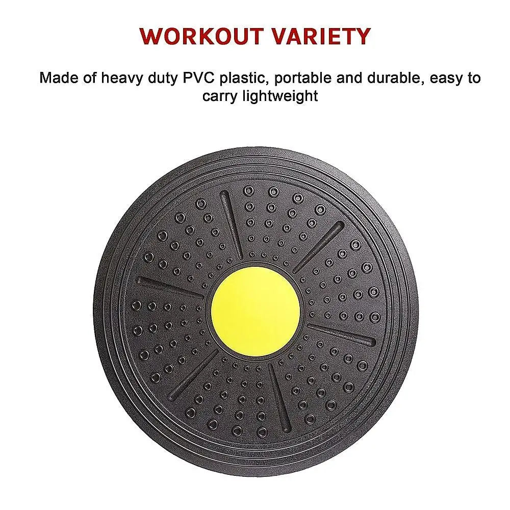 Black exercise disc with yellow center on a white background, featuring text about workout variety and product features.