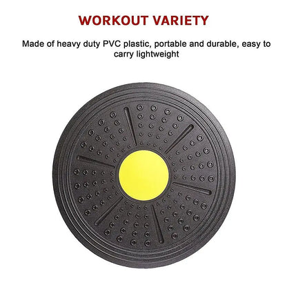 Black exercise disc with yellow center on a white background, featuring text about workout variety and product features.