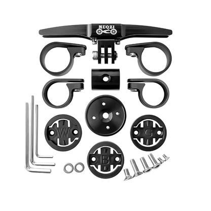 Black camera mount kit with various components on a white background