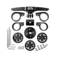 Black camera mount kit with various components on a white background