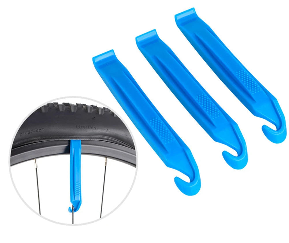Blue tyre levers with an inset showing their use on a bicycle tire.