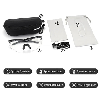 Collection of cycling eyewear and accessories with labels on a white background