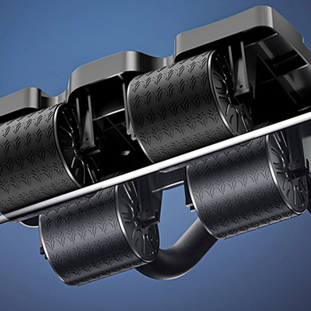 Close-up of a black metal  core exercise device with multiple joints against a blue background