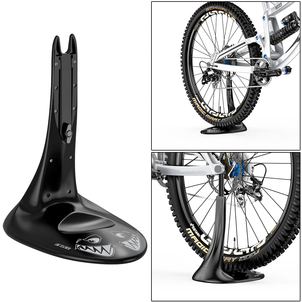 Black bike stand with a bicycle on a white background