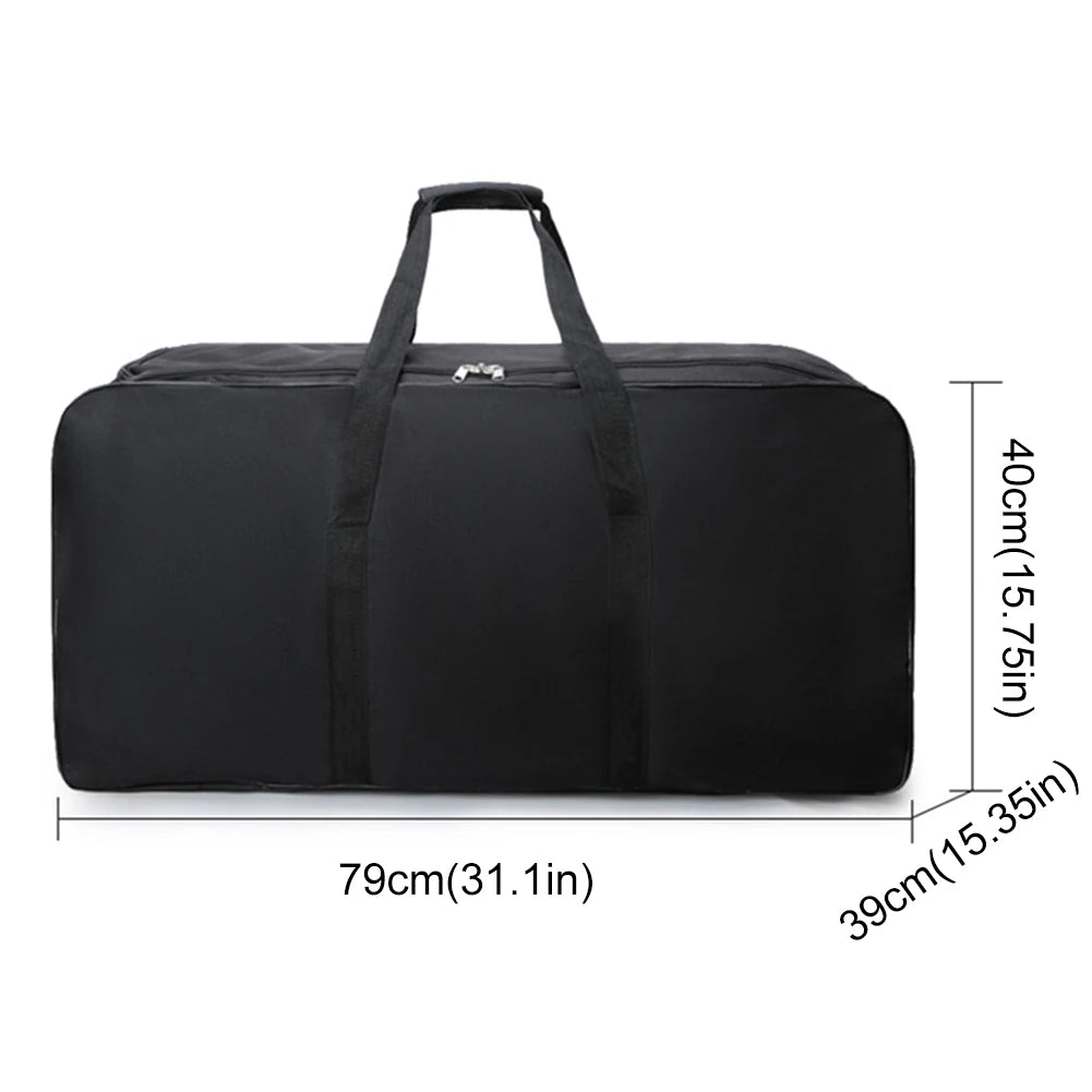 Black duffel bag with measurements on a white background