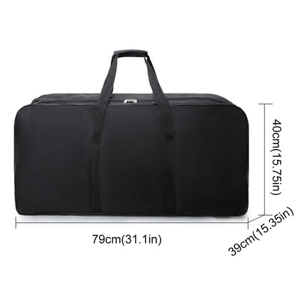 Black duffel bag with measurements on a white background