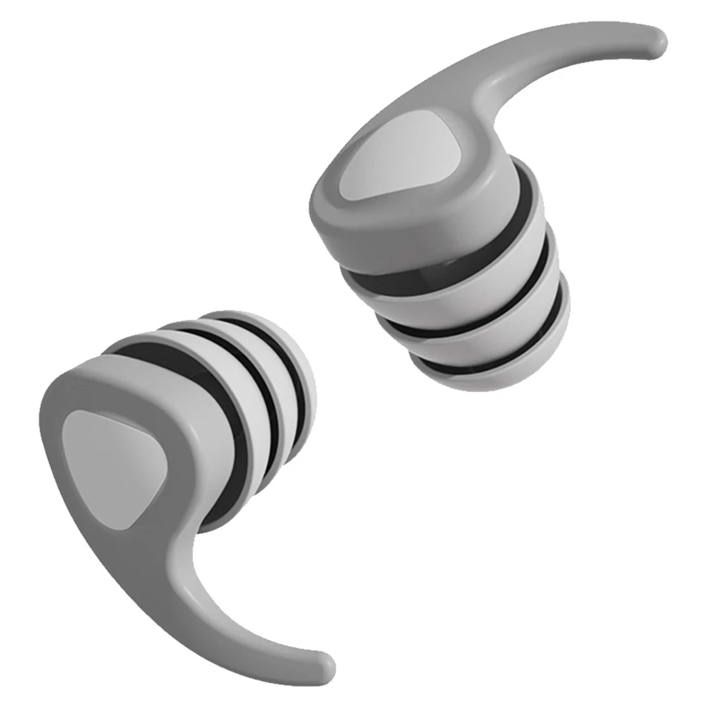 Gray and blacktriathlon ear plugs on a white background