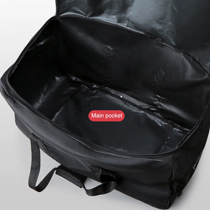 Black backpack with a labeled main pocket on a light gray background