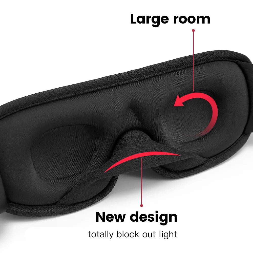 Black sleep mask with text highlighting features on a white background