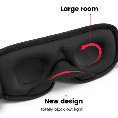 Black sleep mask with text highlighting features on a white background