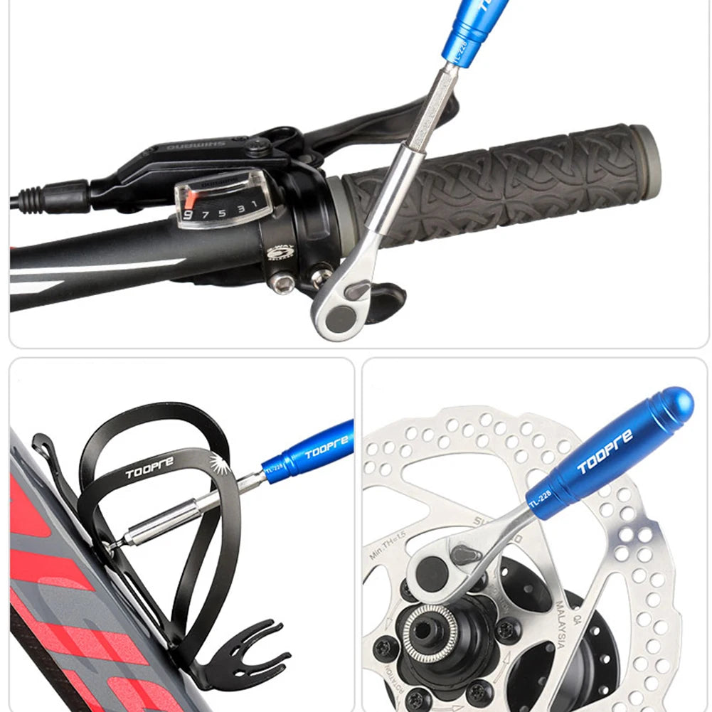 Close-up of bicycle handlebar with TOPEZE tools and components on a white background