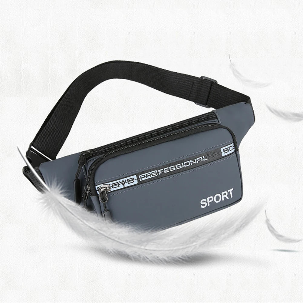 Gray waist bag with black strap on a white background