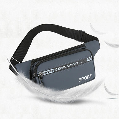 Gray waist bag with black strap on a white background