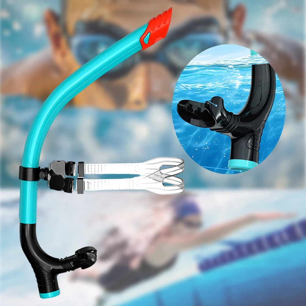 Snorkel with a close-up inset showing the valve mechanism, set against a blurred swimmer background.