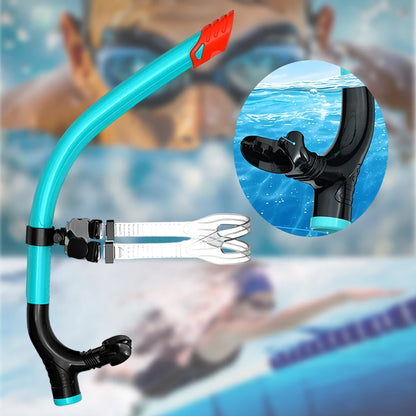 Snorkel with a close-up inset showing the valve mechanism, set against a blurred swimmer background.