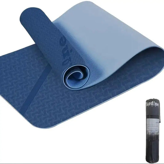 Blue yoga mat with a carrying strap on a white background