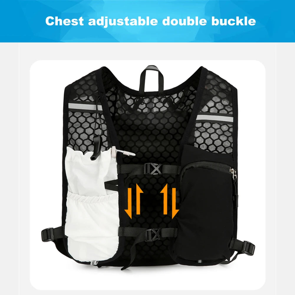 Black and white hydration vest with chest adjustable double buckle on a white background