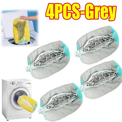Four gray shoe wash bags with a washing machine and sponge in the background, labeled '4PCS-Grey'.