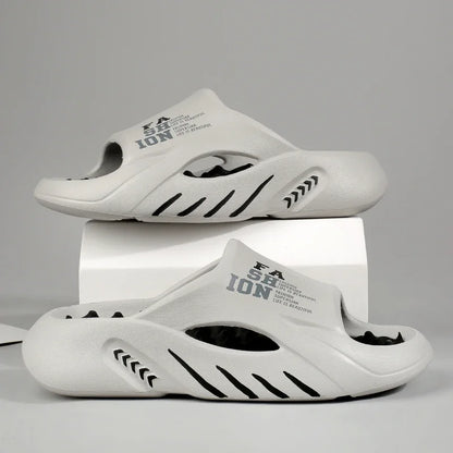 White sandals with black accents and 'Fashion' text on a gray background