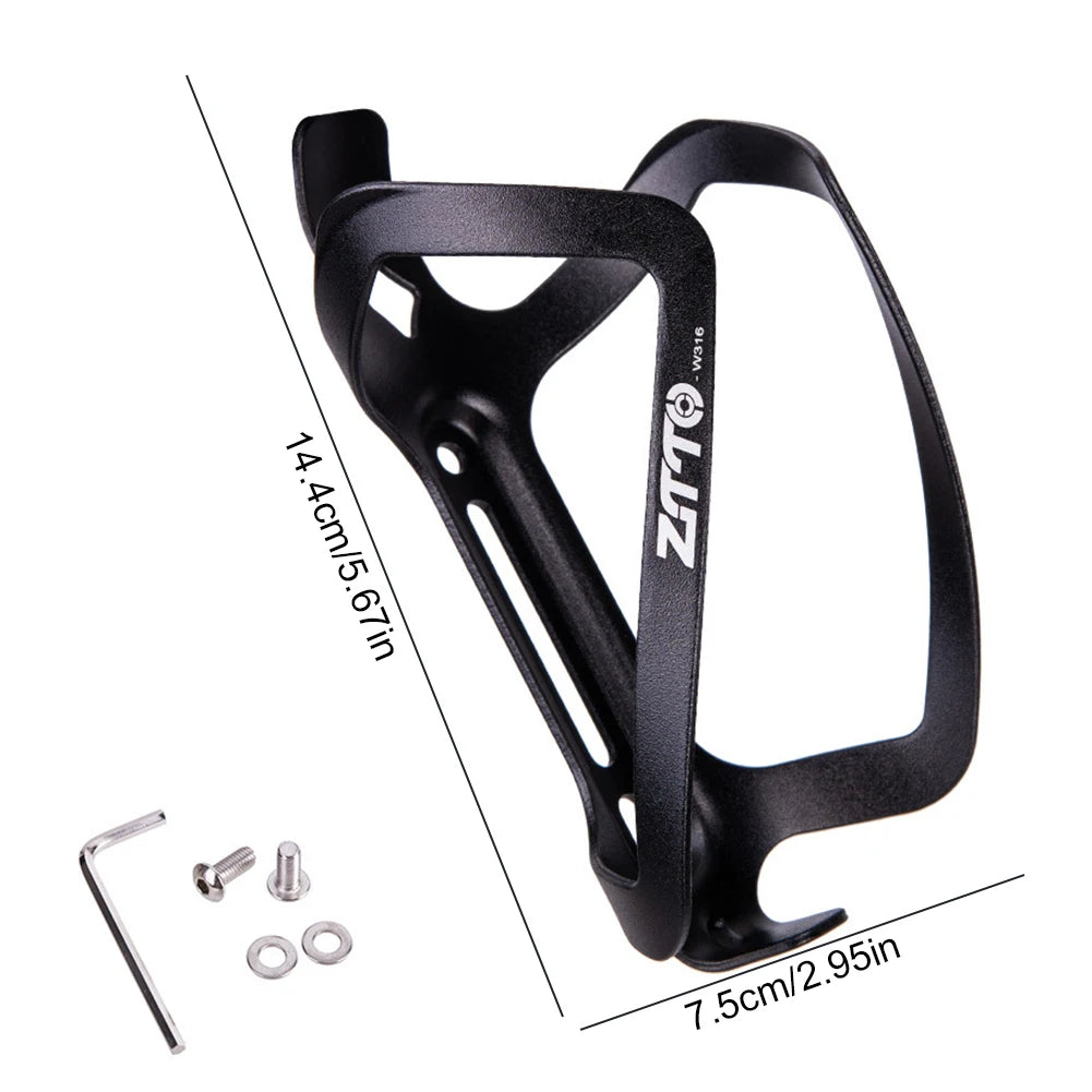 Black bicycle bottle cage with mounting hardware on a white background