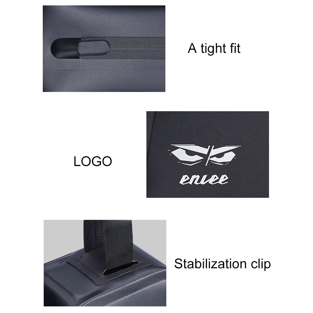 Product features including a tight fit, logo, and stabilization clip on a black background.