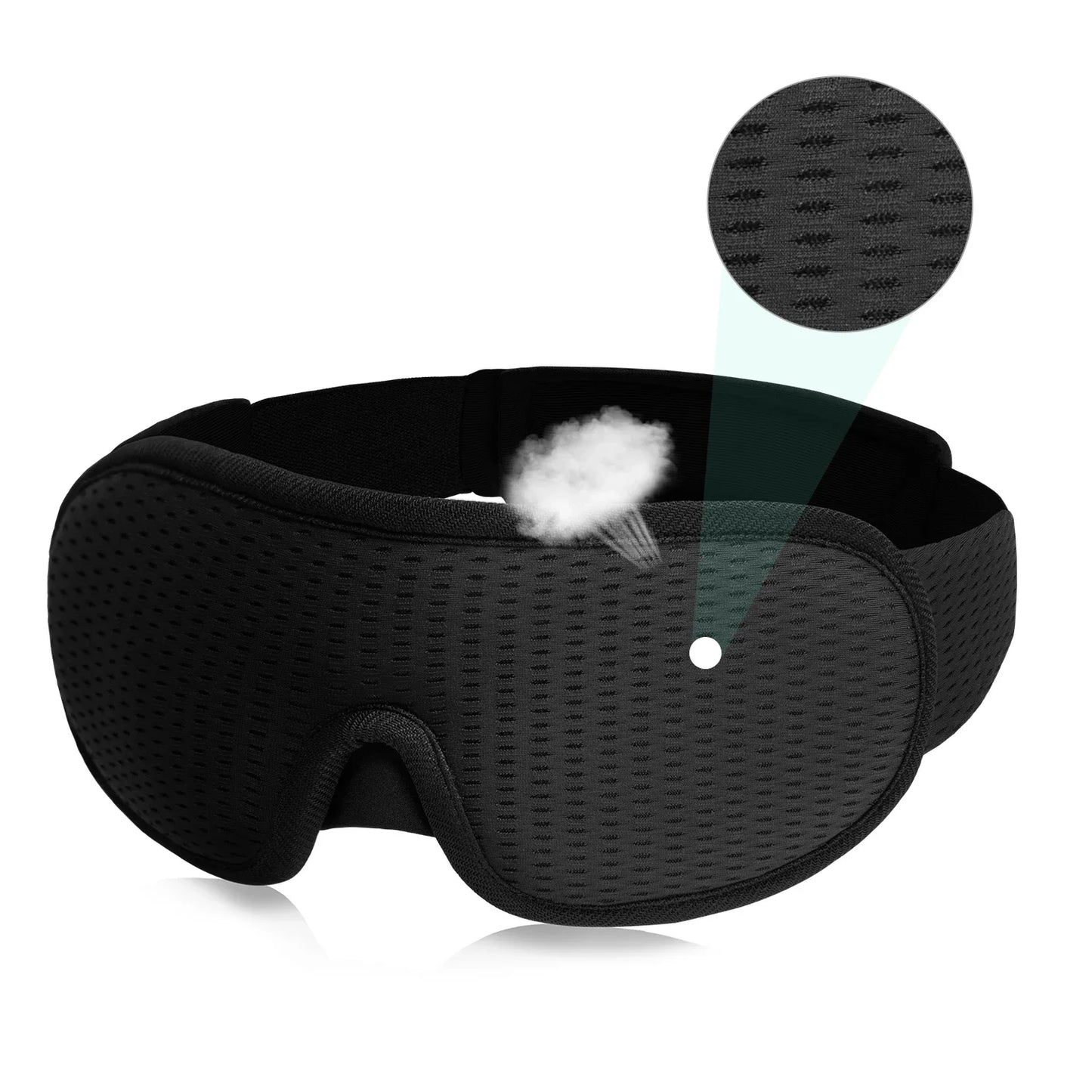 Black sleep mask with texture details on a white background