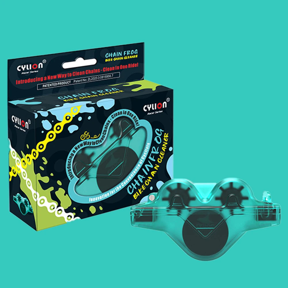 Cylon Chain Frog bike chain cleaner with packaging on a teal background