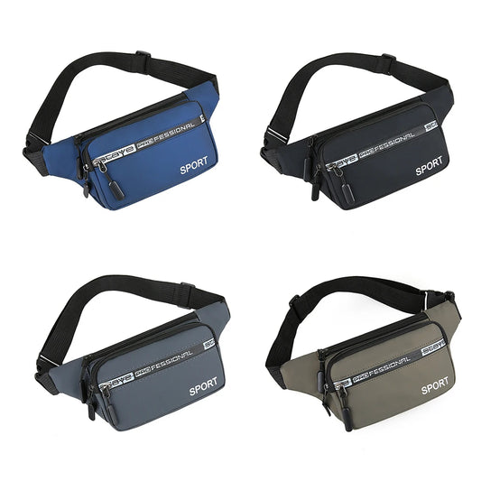 Four waist bags in blue, black, gray, and green on a white background