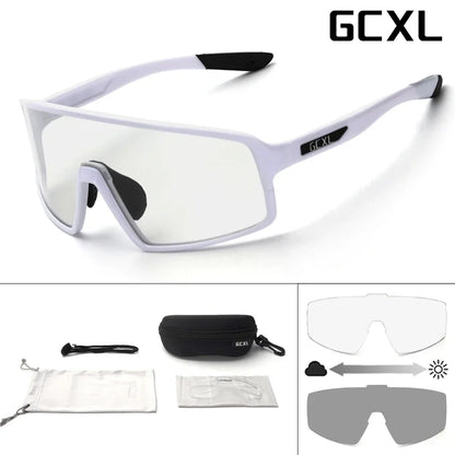 White sunglasses with interchangeable lenses and accessories on a white background, featuring the brand 'GCXL'.