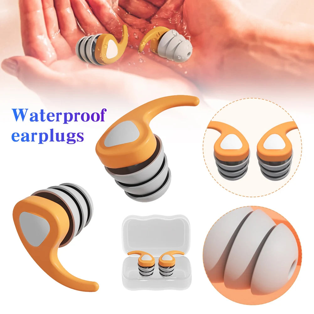 Waterproof triathlon ear plugs with a case, shown in use, and close-up details on a white background.