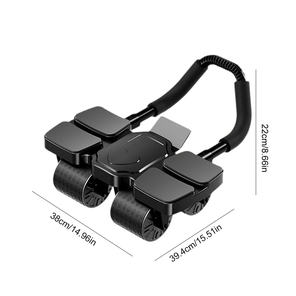 Black  core exercise ab roller assembly with measurement details on a white background