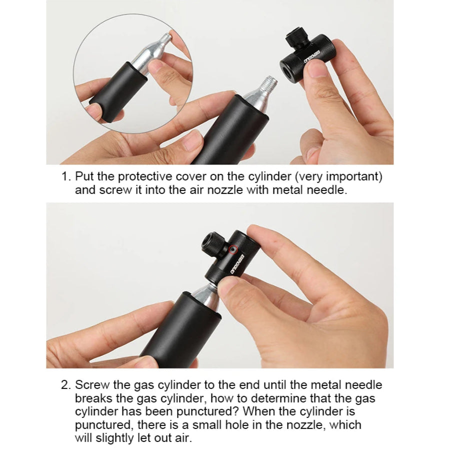 Instructions for using an CO2 trigger with hands demonstrating the process.