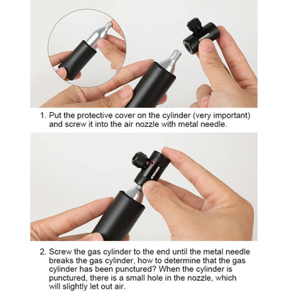 Instructions for using an CO2 trigger with hands demonstrating the process.