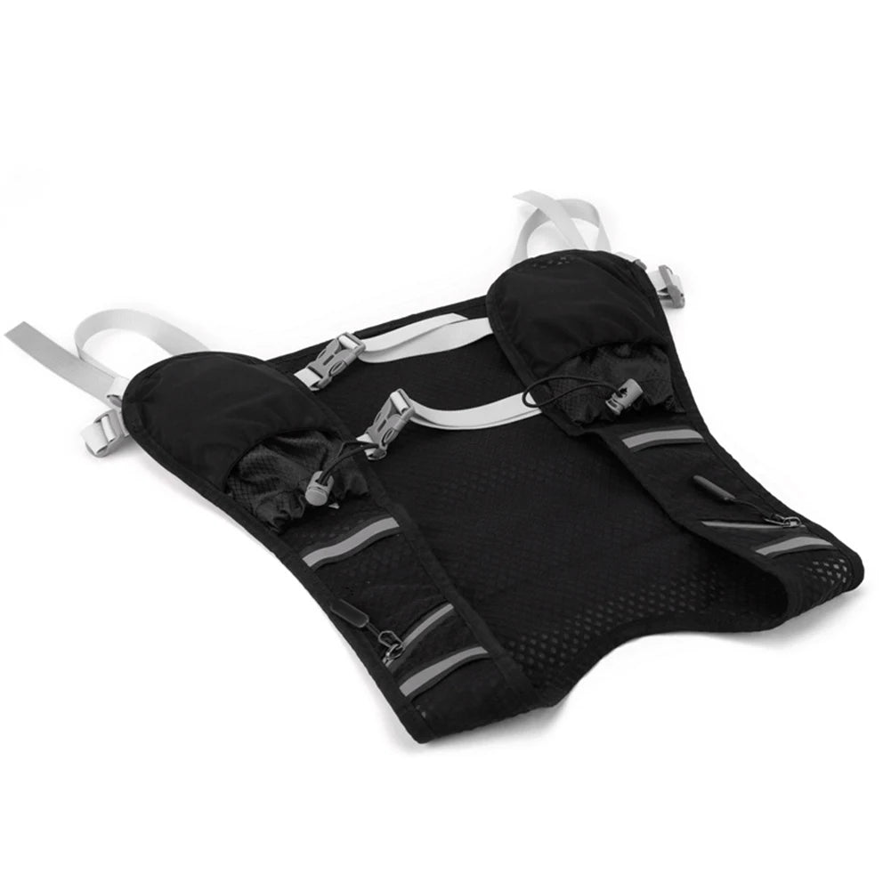 Black hydration vest with reflective stripes on a white background