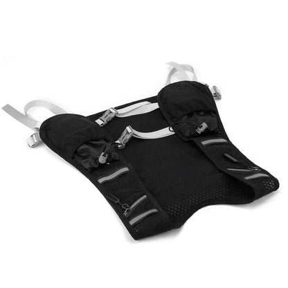 Black hydration vest with reflective stripes on a white background