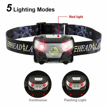 Headlamp with red light indicator and mode illustrations on a white background