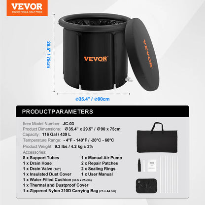 Vevor inflatable container with dimensions and product parameters on a white background