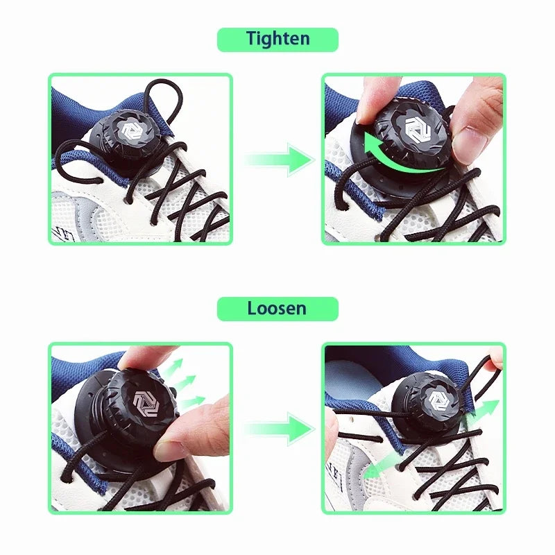 Instructions on how to use a shoe lace system with images of tightening and loosening shoelaces.
