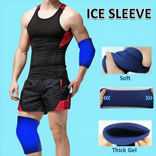 Person wearing black athletic wear with blue ice sleeves, showcasing features on a light blue background.