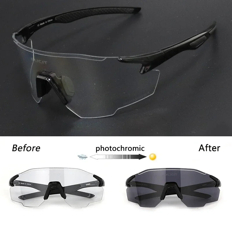 Sunglasses with photochromic lenses showing 'Before', 'After' transformation on a dark background.