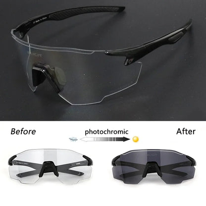 Sunglasses with photochromic lenses showing 'Before', 'After' transformation on a dark background.